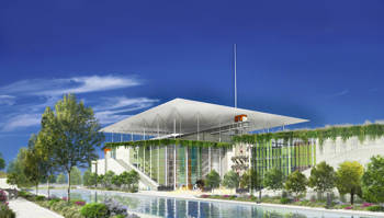 A model of the Stavros Niarchos Foundation Cultural Center, with a lot of green on its premises